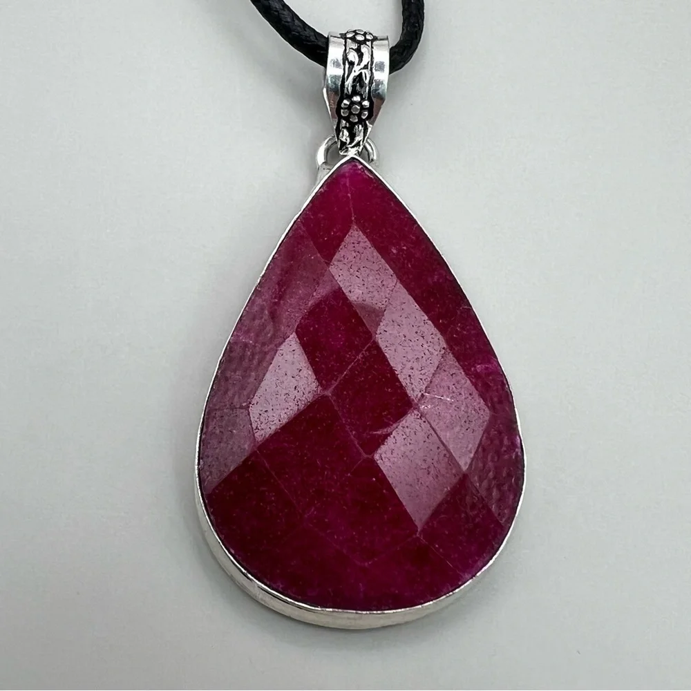 New Faceted Enhanced Ruby Stone Silver Overlay Pendant with Cord - Picture 1 of 5